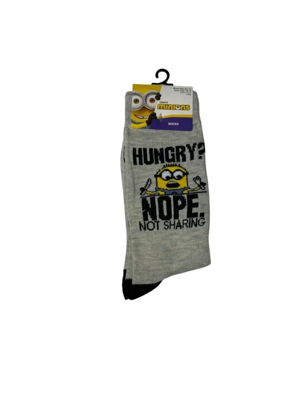 Minions Hungry Nope Not Sharing Crew Socks Gray Funny Novelty One Size NWT
